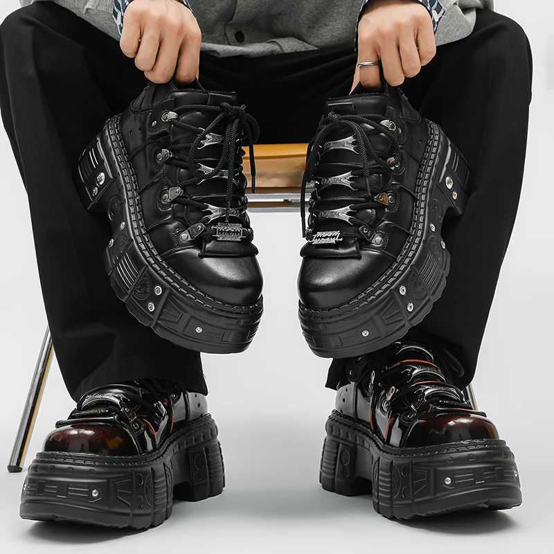 

Punk Style Women Black Shoes Rock Metal Decor Lace-up Heel Height Platform Shoes Gothic Man Sneakers Women Ankle Boots 2025 New