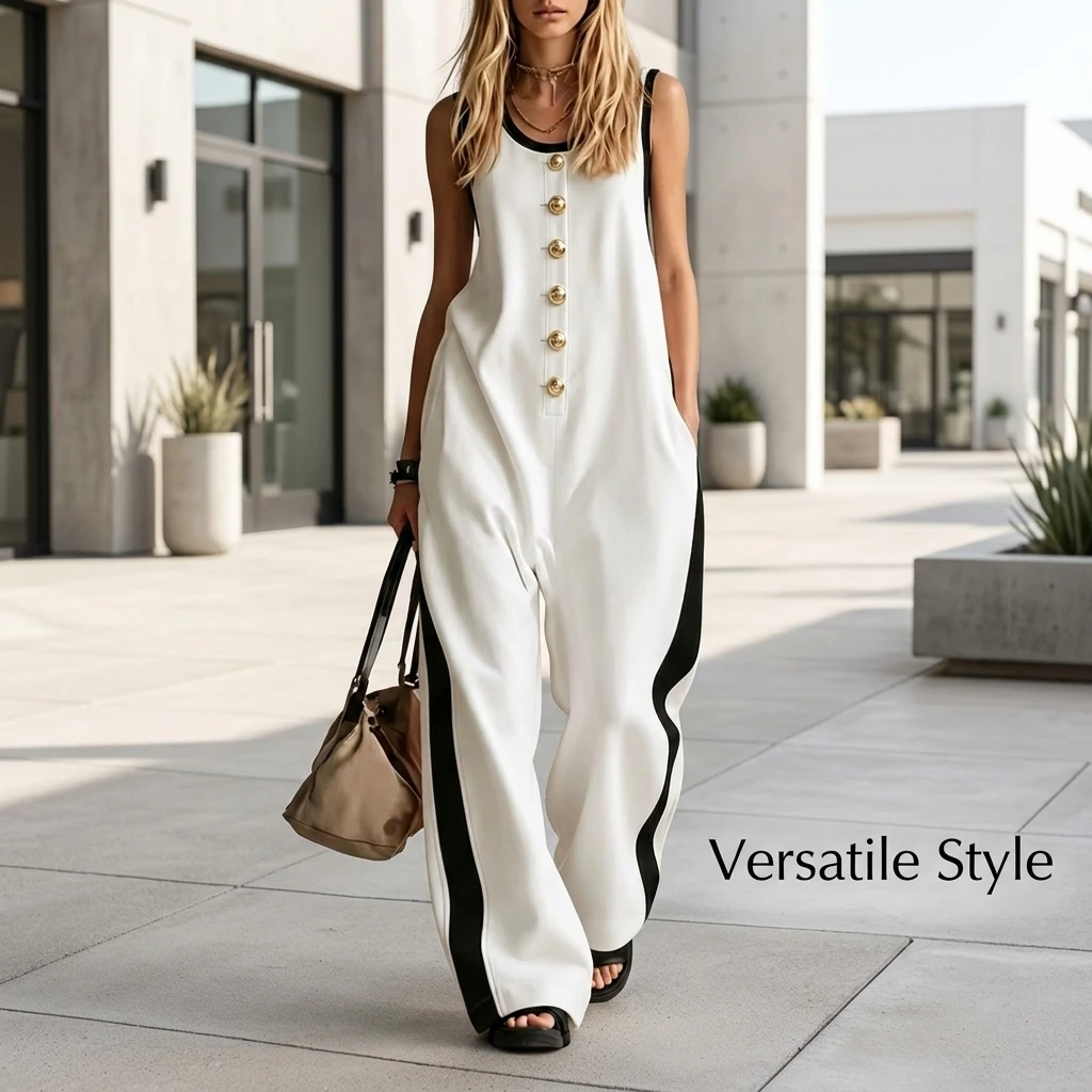 Jumpsuit for Women Sleeveless Round Neck Button Decor Color Block Casual Wide Leg Romper
