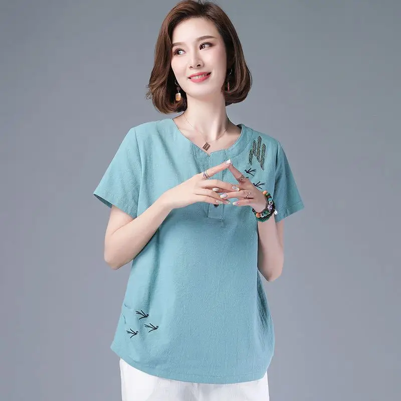 Women Summer Elegant Loose Temperament Printing Cotton and Linen O-neck Short Sleeve T-Shirt Ladies Fashion All-match Trend Tops