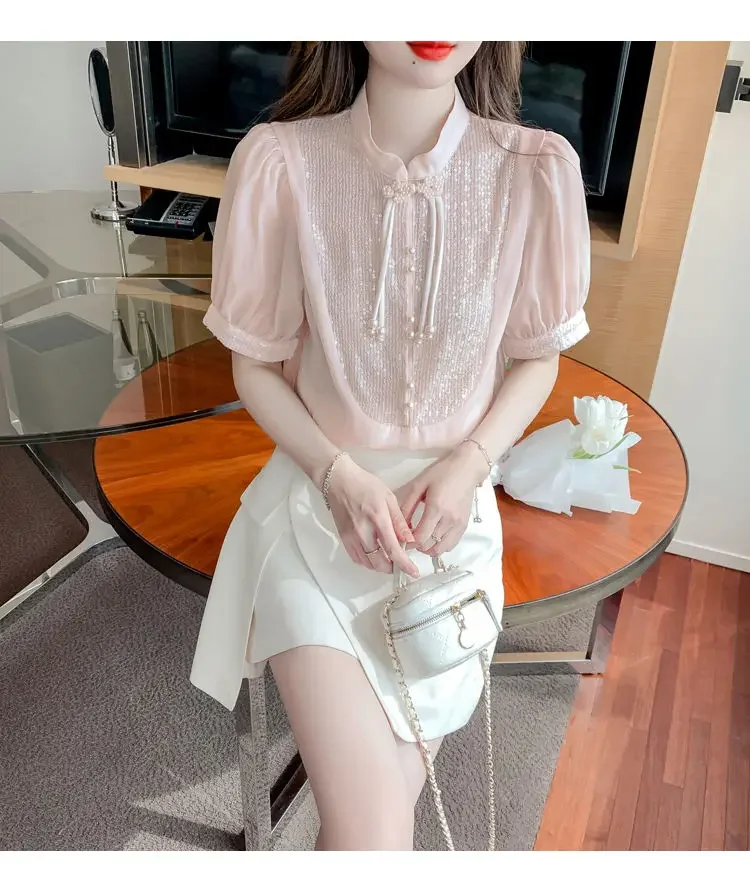 

Bubble Sleeve Blouse Summer French Sequin