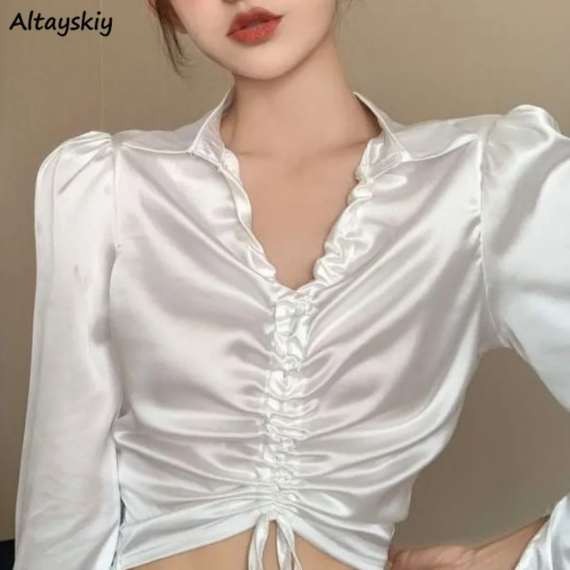 

Chic Blouses for Women Long Sleeve Spring Autumn V-neck Sexy Shirring All-match Solid Casual Thin Slim Soft Korean Style