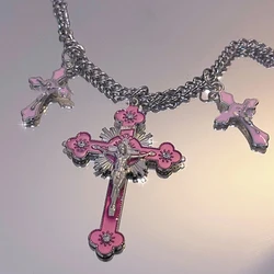 Fashion Gothic Pink Cross Necklace For Women Charm Y2K Red White Rhinestone Metal Choker Chain Trendy Unique Jewelry Gifts