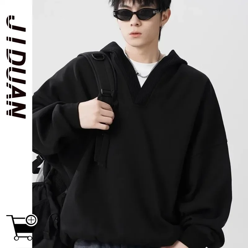 Sweat-shirt à col en v pour hommes, automne hiver, sweat à capuche tricoté, épissage en laine, Niche