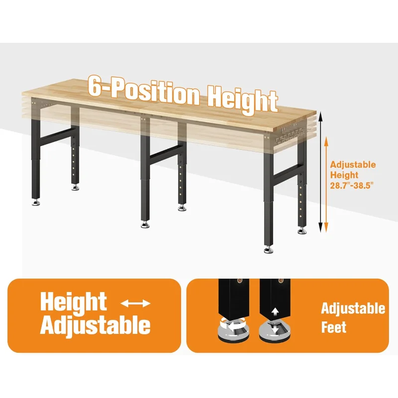 84“ Adjustable Heavy Duty Workbench with 4 AC Outlet and 2 USB Ports Power Outlets, 5000 Lbs Capacity, Rubber Wood Top