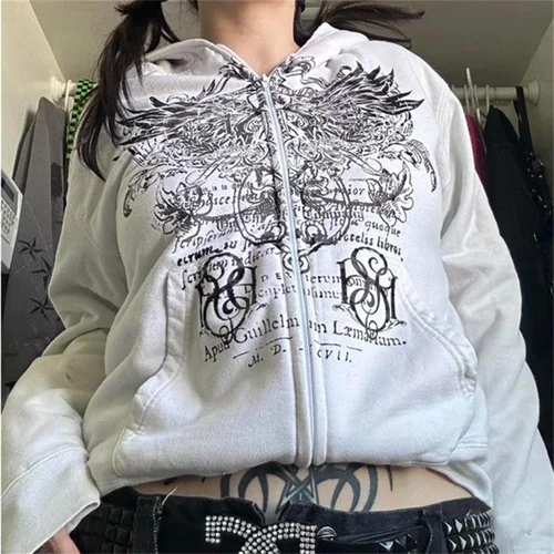 Imagen 2 del producto Sudaderas con capucha Harajuku y2k para mujer, sudaderas con estampado de alas y gráficos Vintage de los años 90, sudaderas de manga larga de gran tamaño, chaquetas góticas de centro comercial Grunge