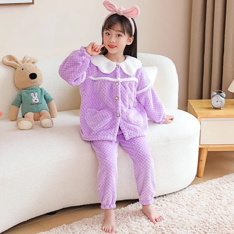 2 Teile/satz kinder winter gepolsterte und verdickte warme pyjamas einfarbig strickjacke mädchen homewear waschlappen lange ärmeln lange pfanne