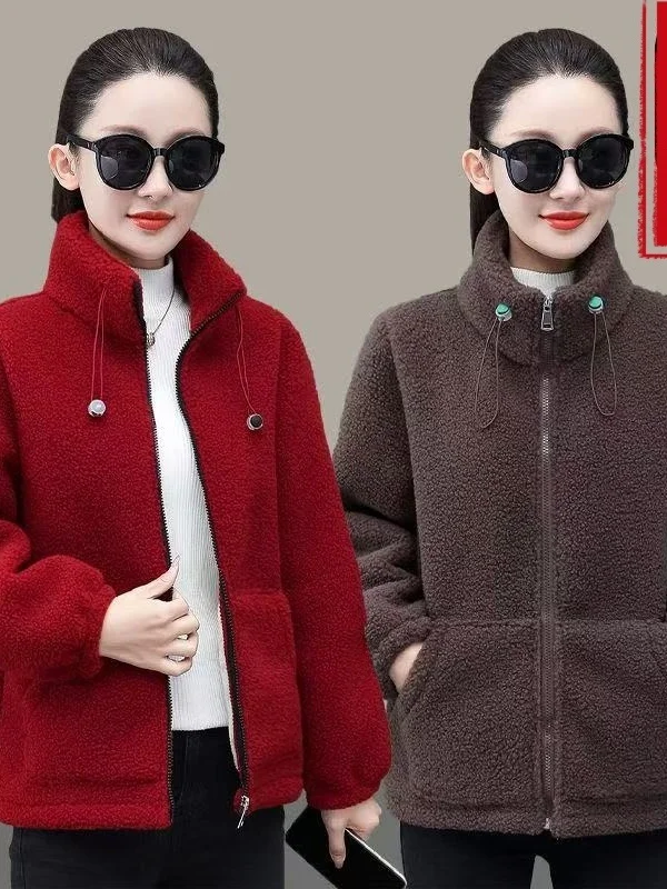 

Fashionable Thickened Lamb Velvet Jacket Women's plus Size Coat Winter Season Korean Style Loose Fit Long Sleeve Zipper Closure