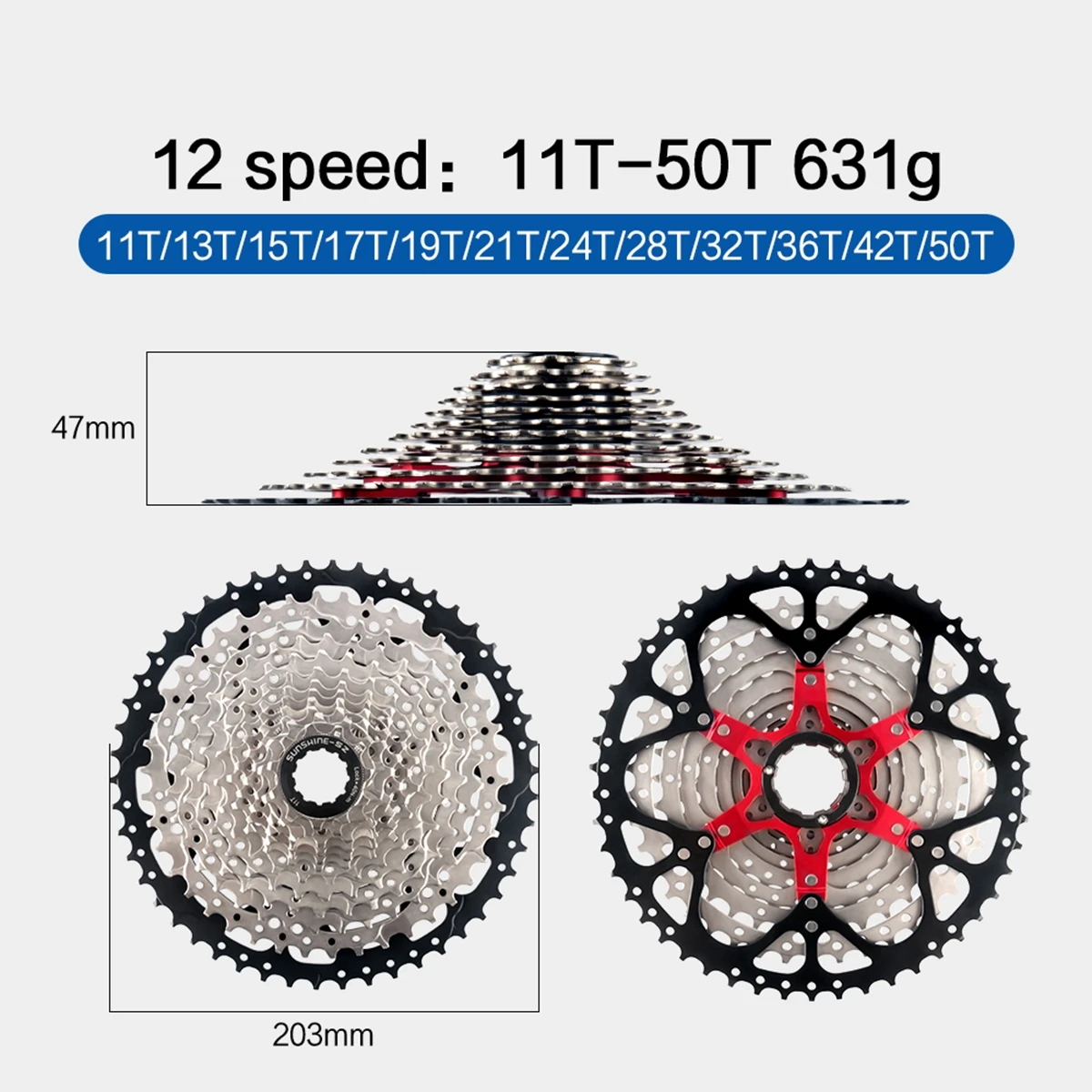 Sunshine Mountainbike 12S Kassette MTB 40T 42T 45T 46T 48T 50T 52T 12V K7 Off Road Fahrrad Kettenrad 12 Geschwindigkeit für Shimano M6100 – Detail 11