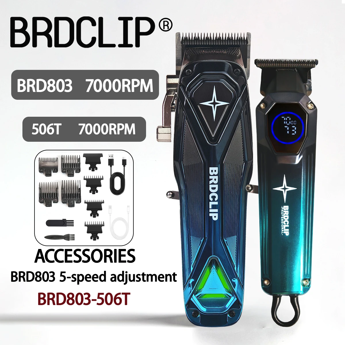 

Профессиональная машинка для стрижки волос BRDCLIP, 2 шт., 5-скоростная регулировка, 506 т, 7000 об/мин, электрический триммер, машинки для стрижки волос, большая батарея