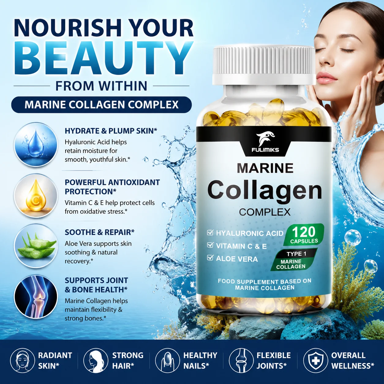Marine Collagen Supplement, with Hyaluronic Acid & Vitamins, Supports Skin Elasticity, Hair Growth, Nail Strength & Anti-Aging