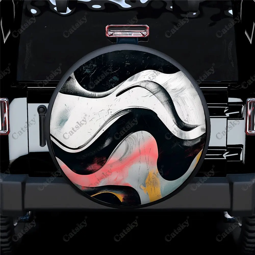 Black and White Ripple Car Spare Tire Cover Auto Accessories Decoration Wheel Wrap Protect for Trailer SUV Truck Camper 14-17in