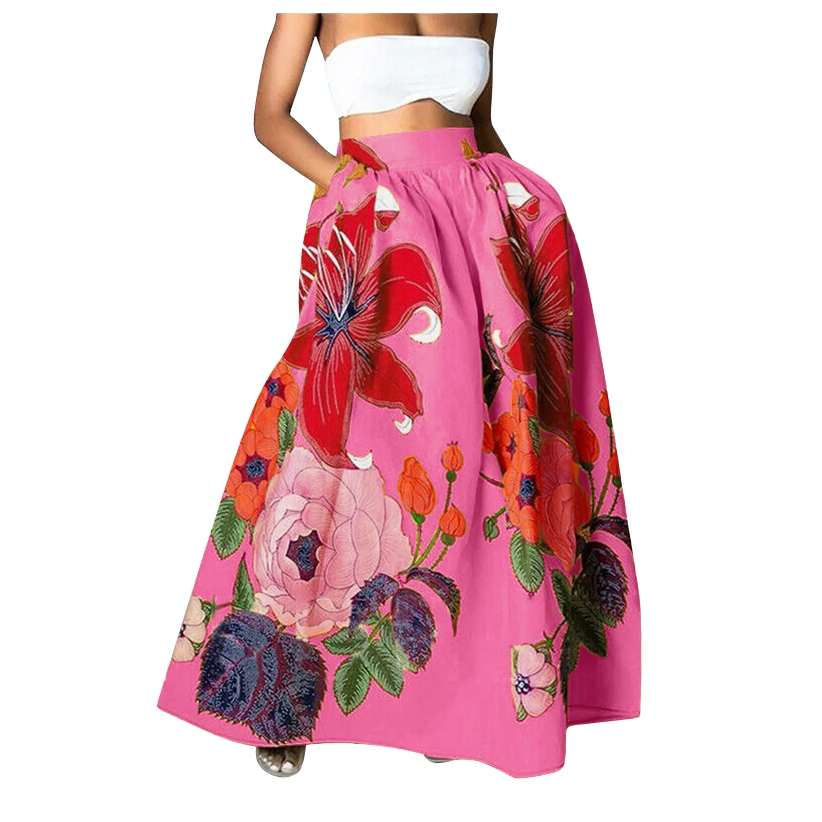 

Women’s Bohemian Floral Printed Maxi Skirt Comfortable High Waist Pockets Party Beach Long Skirt Ladies Large Hem Dress Holiday