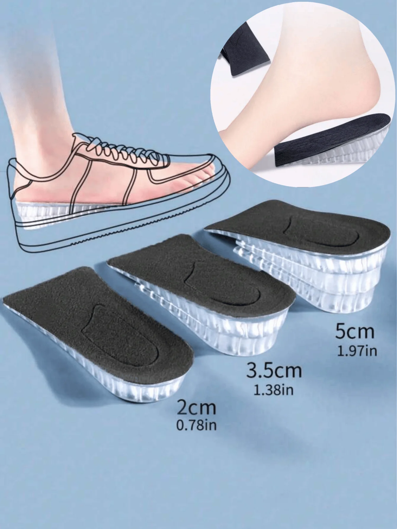 1 Pair of Removable Height-Increasing Insoles, Made of Highly Elastic Silicone, with Cushioning and Shock-Absorbing Functions, Providing Comfortable Arch Support, with a Non-Slip Sole Design for Enhanced Walking Comfort, Suitable for Long-Term Use or Walking, While Also Providing Height Increase and Foot Protection.