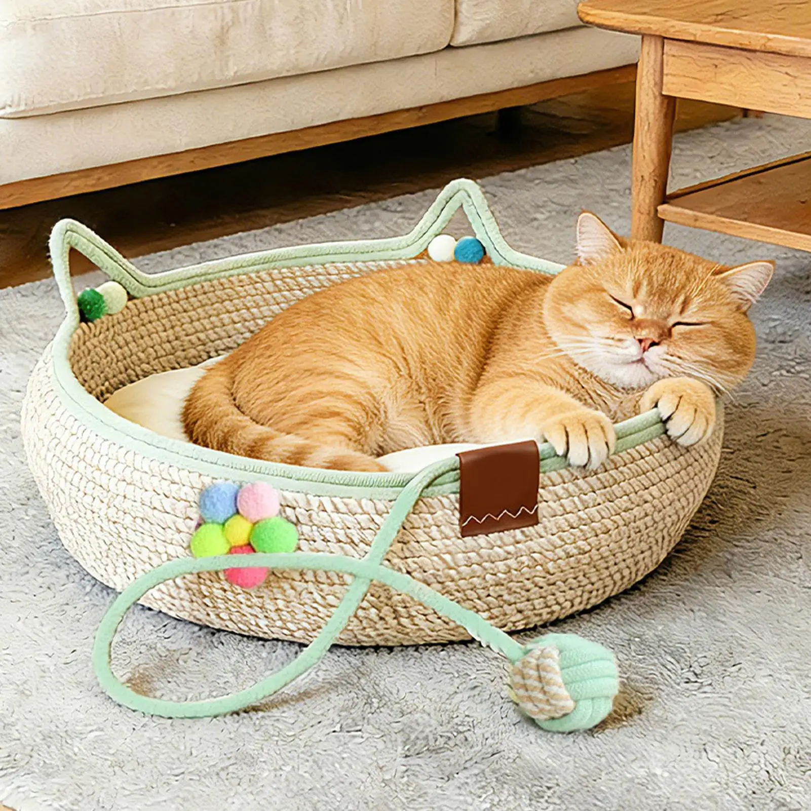 

Лежанка для кошек и котят, плетеная корзина с игрушечным мячиком, когтеточка для дома, квартиры, гостиной, спальни, балкона