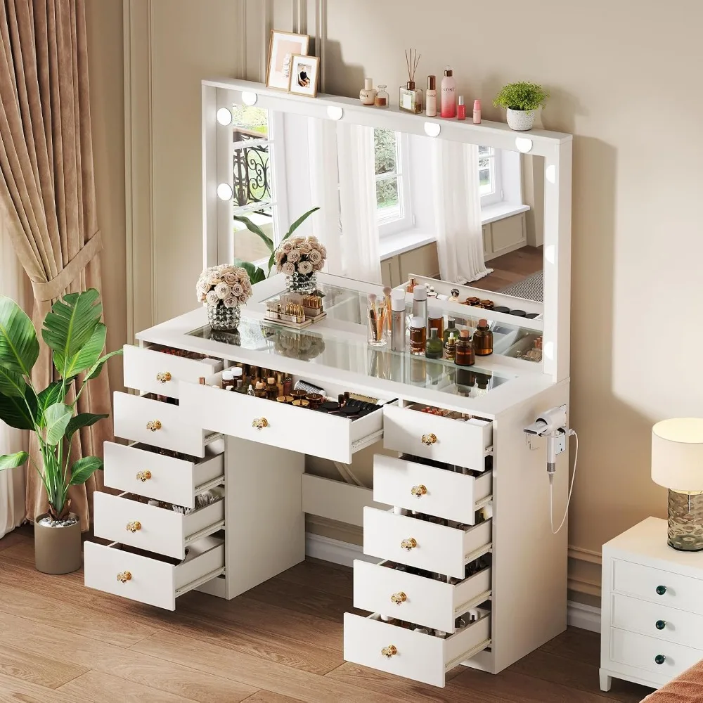 Vanity Desk with Large Mirror, 10 LED Lights, 11 Drawers, Outlet & Hair Dryer Stand, White