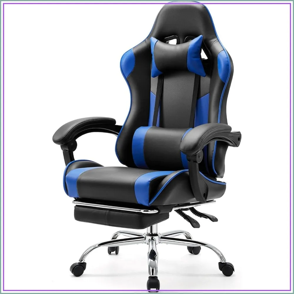 Ergonomic Gaming Chair with Footrest, High Back PU Leather Computer Desk Chair, Adjustable Headrest & Linkage Armrest, 360° Swivel, Blue