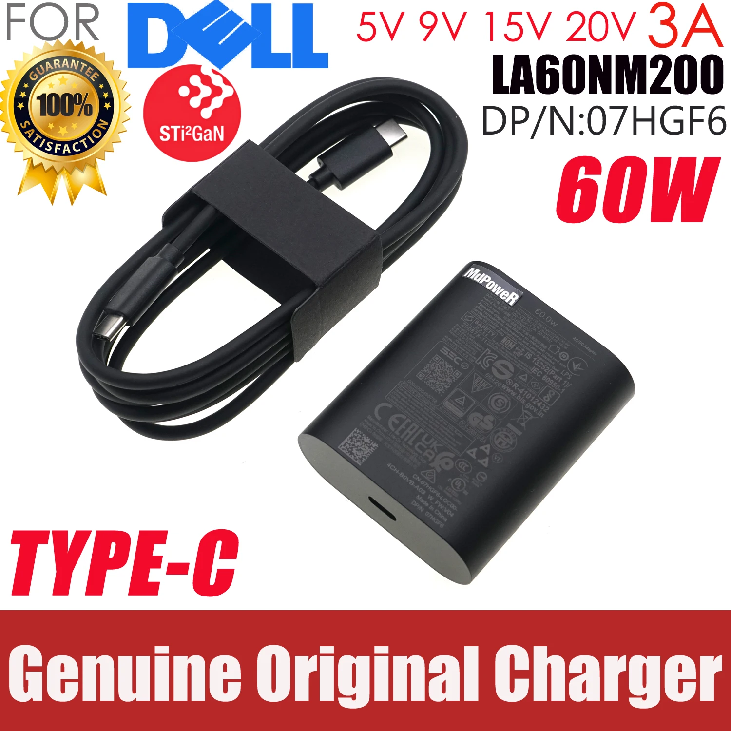 

Genuine 60W GAN USB-C Type C USFF AC Adapter Charger 20V 3A DA60NM200 LA60NM200 HA60NM200 For Dell Latitude 5330 5430 5530 9430