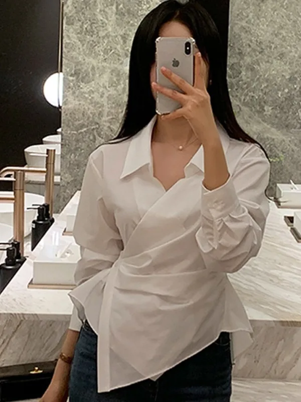 

Chic Spring Long Sve irt Pleated Collar Asymmetrical Design Versatile Slimming Side Button Detail Casual Sle Pure Color