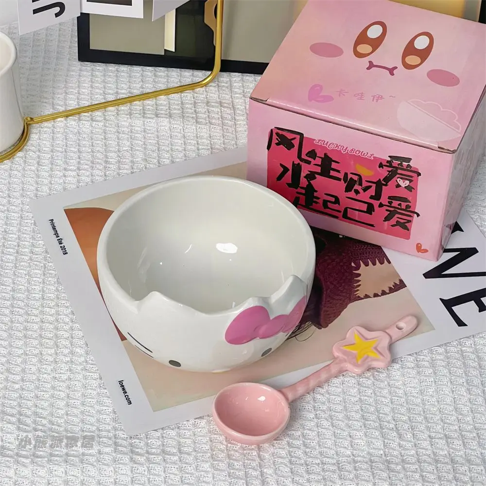 مجموعة أدوات مائدة سيراميك لطيفة على شكل شخصية هيلوكيتي، وعاء أرز كرتوني، وعاء حساء للطلاب مع ملعقة