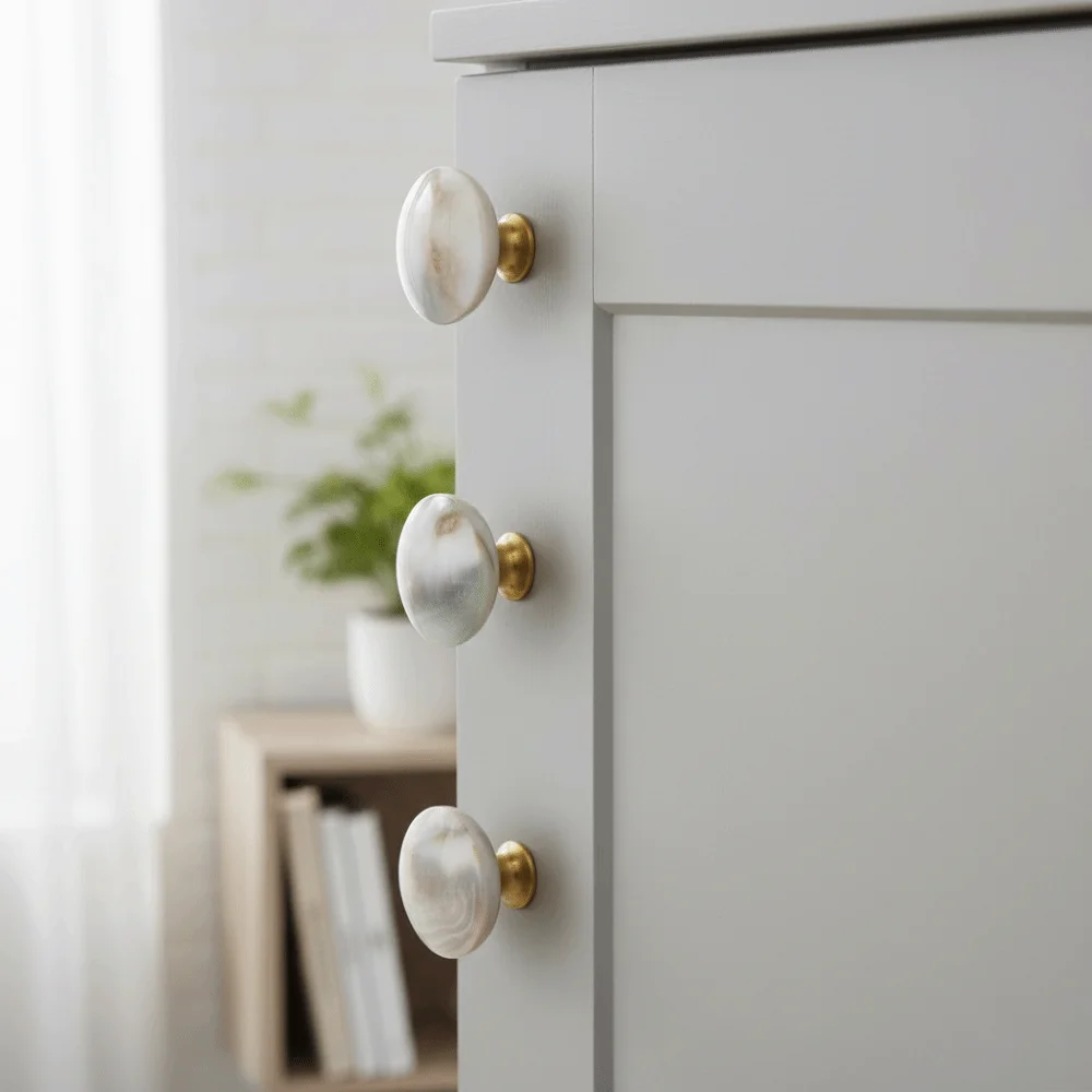Round Shell Furniture Handle White Rough Crystal Natural Rough Stone Cabinet Handle Brass Single Hole Creative Personalized