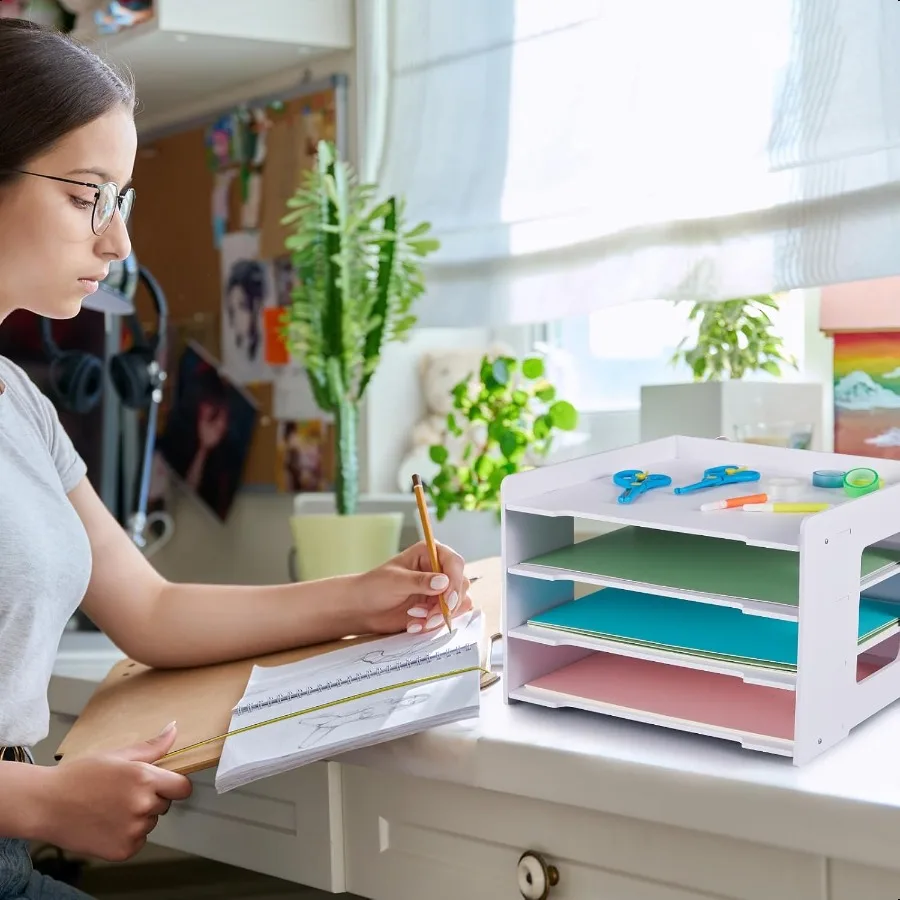 Juexica, 2 упаковки, 4-уровневый органайзер для бумаги для скрапбукинга, 12,6 x 12,6 дюймов, органайзер для файлов для стола, штабелируемый держатель для бумажных лотков для дома