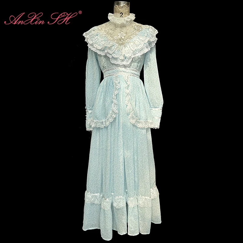 

AnXin SH blue chiffon ruffles high neck white flower lace crystal handmade long sleeve zipper party customized evening dress