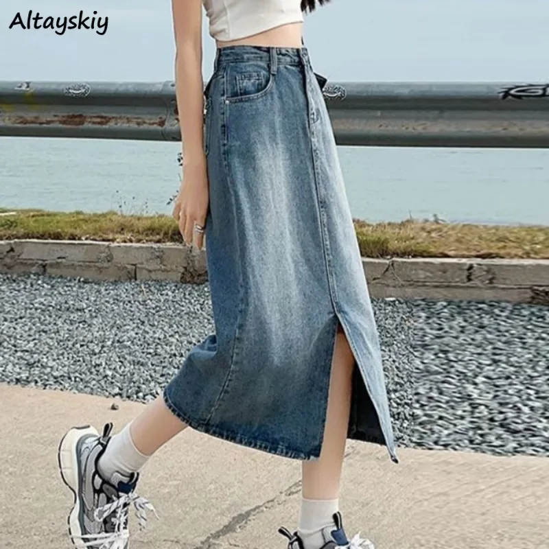 Slit Skirts for Women Denim Mid-calf Soft Summer Clothing College Streetwear Fashion High Waist Blue Solid All-match Ins Ulzzang