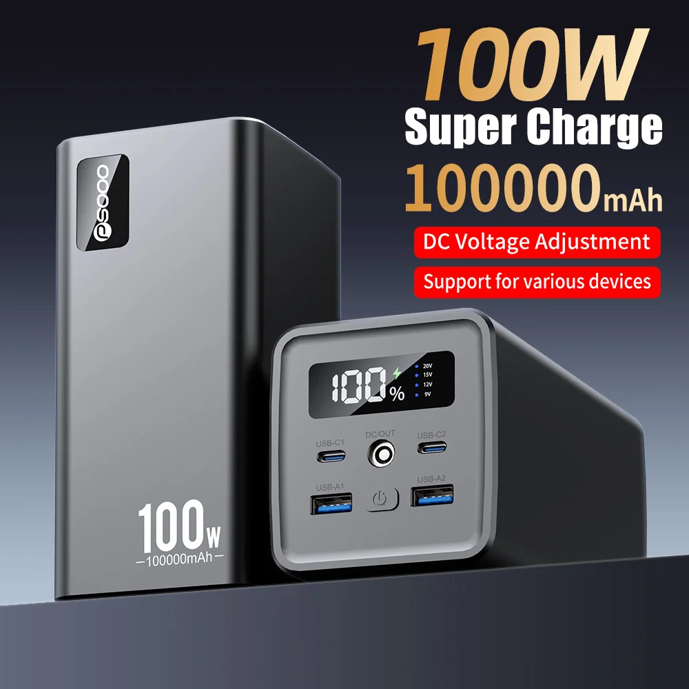 

PSOOO 100W Power Bank 100000mAh Fast Charging With LED Display Laptop Poerbank Portable External Battery for Phones Laptops