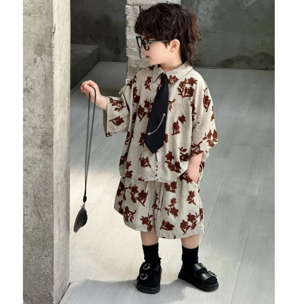 Boys' Sets Lapel Shirt Shorts Two-piece Summer Suits With Tie Korea Casual 2024 New Children's Fragmented Flower Handsome Suits