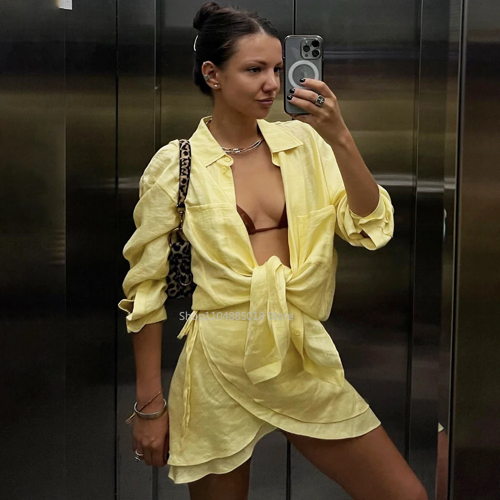 

Summer New Beach Shirt Short Skirt Suit Fashionable Vacation Sunscreen Shirt Suit Casual Solid Color Short Skirt Suit