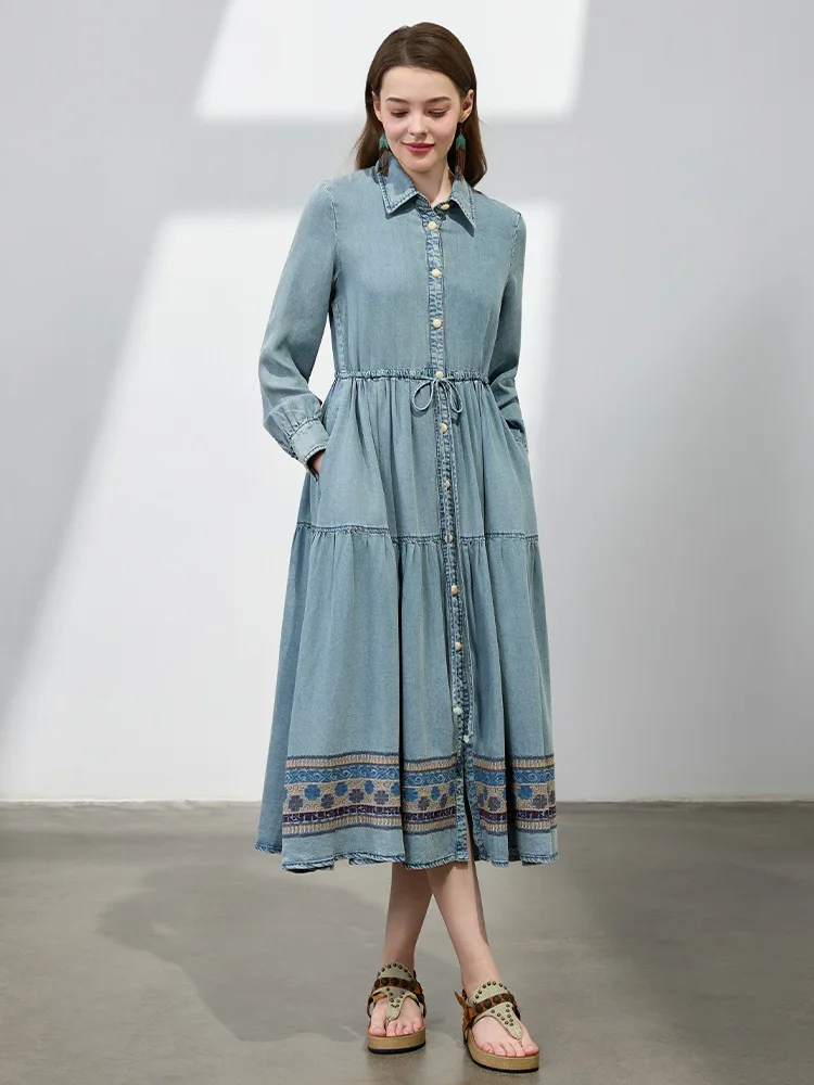 

Ladies Elegant A-line Shirt Dress New Arrival 2025 Spring Vintage Style Embroidery Single Breasted Women Casual Dresses M1348