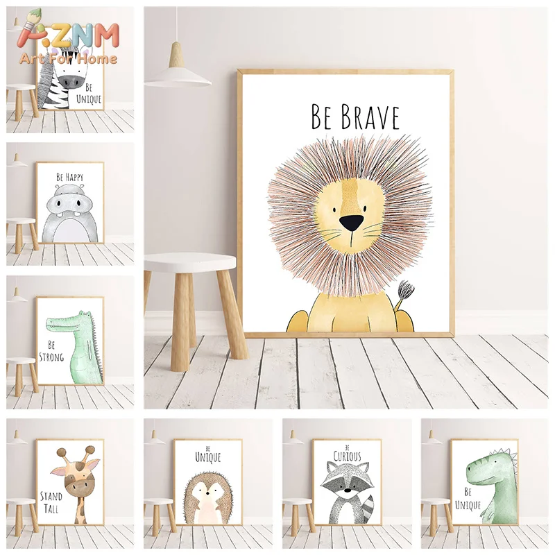 AZNM Cute Safari Animal Canvas Wall Art Lion Zebra Hippo Print with Positive Quotes for Kids Nursery Decor