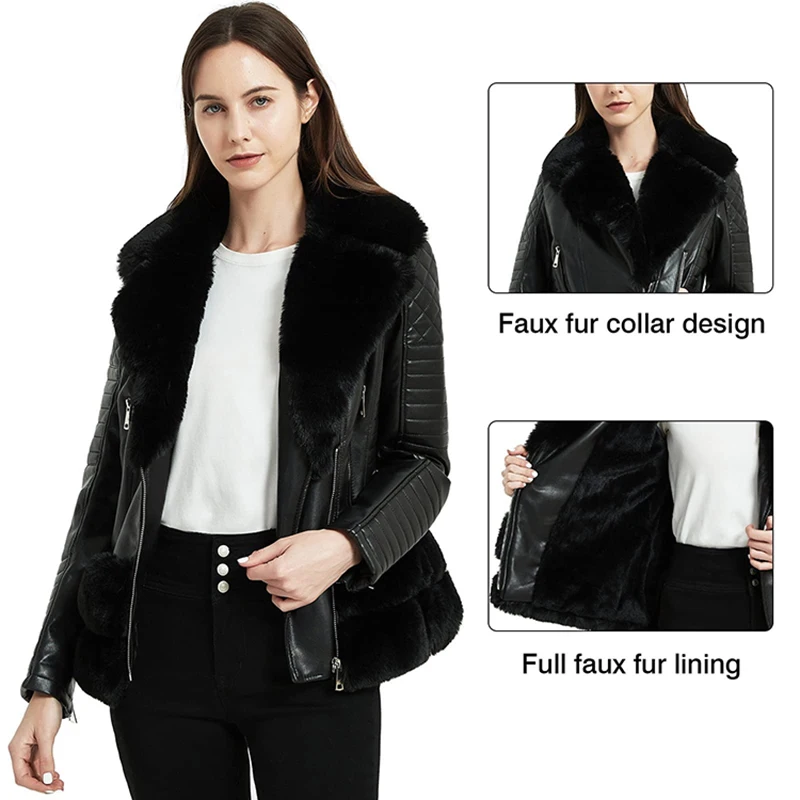 Giolshon New Spring Winter Women Jacket Thick Warm Faux Suede Coat With Belt Faux Fur Collar PU Leather Jackets Outwear