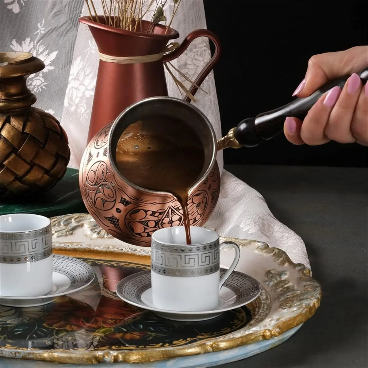 Cafetera árabe griega turca de cobre de 18 Oz con mango de madera (6 porciones) cafetera Cezve Ibrik Briki