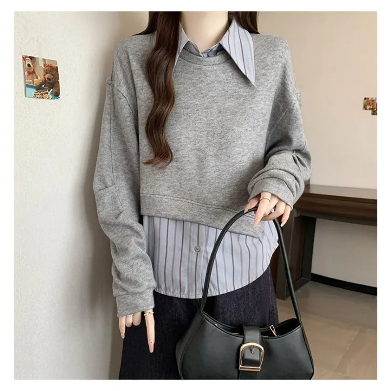 Faux sweat deux pièces en Patchwork pour femmes, chemise ample, Style coréen, nouveaux chemisiers à manches longues, haut à bascule, printemps automne