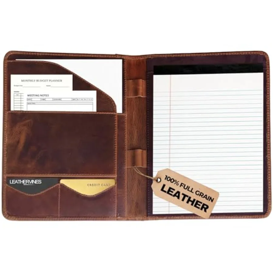 

Компактный кожаный портфель Leathervine с планшетом-клипбордом, держателями для карт, карманом для документов, петлей для ручки — премиум-органайзер для встреч