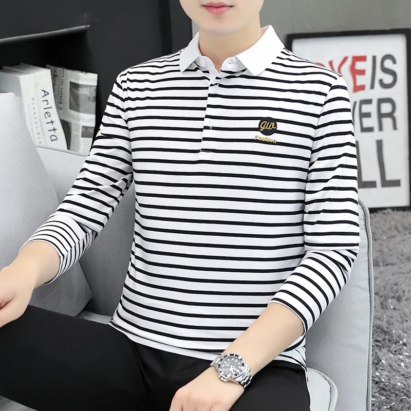 Spring and Autumn New Men's Long-sleeved T-shirt Lapel Striped Polo Shirt Men's Korean Version of The Stripes Casual Tops