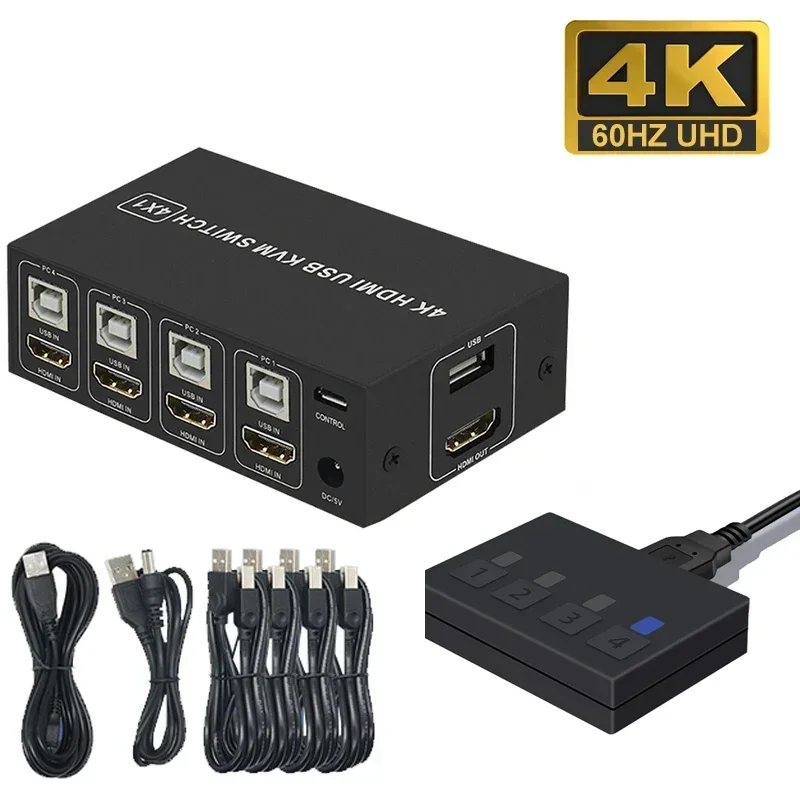 

HDMI KVM-переключатель 4K 60 Гц, 4 в 1 выход, 4x1 переключатель для ПК, хоста, монитора, мыши, клавиатуры, камеры, принтера, с настольным контроллером