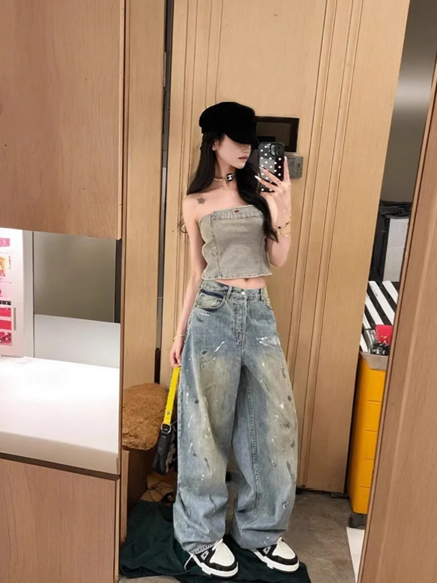 

Fuyuan Blue Splashed Denim Jeans Women's Summer New American Retro Street Design Straight Leg Long Pants Fashionable Casual