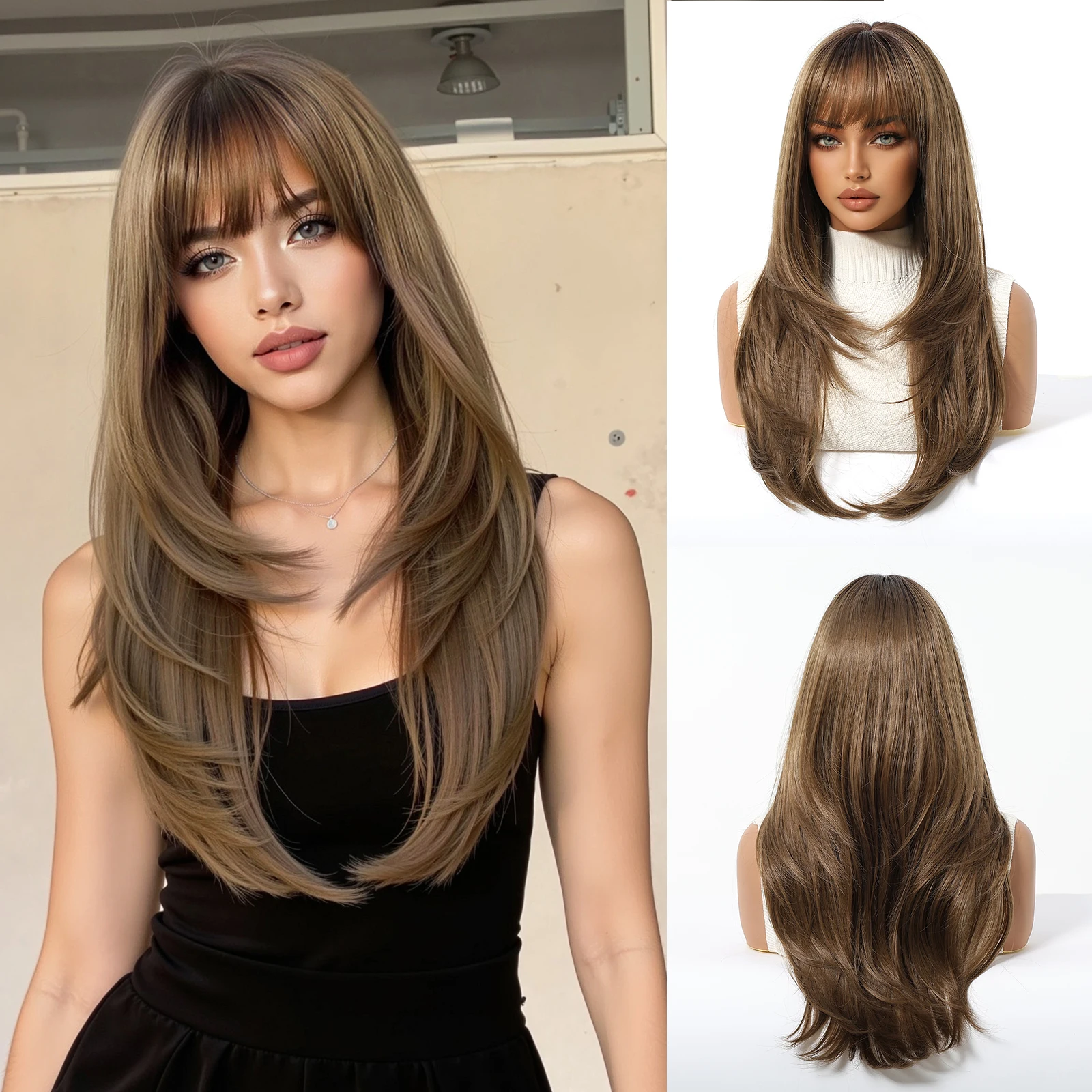 EASIHAIR Lange blonde synthetische Perücken für Frauen, gerade, geschichtete Naturhaar-Perücken mit Pony, hitzebeständige Perücken für den täglichen Gebrauch – Detail 14