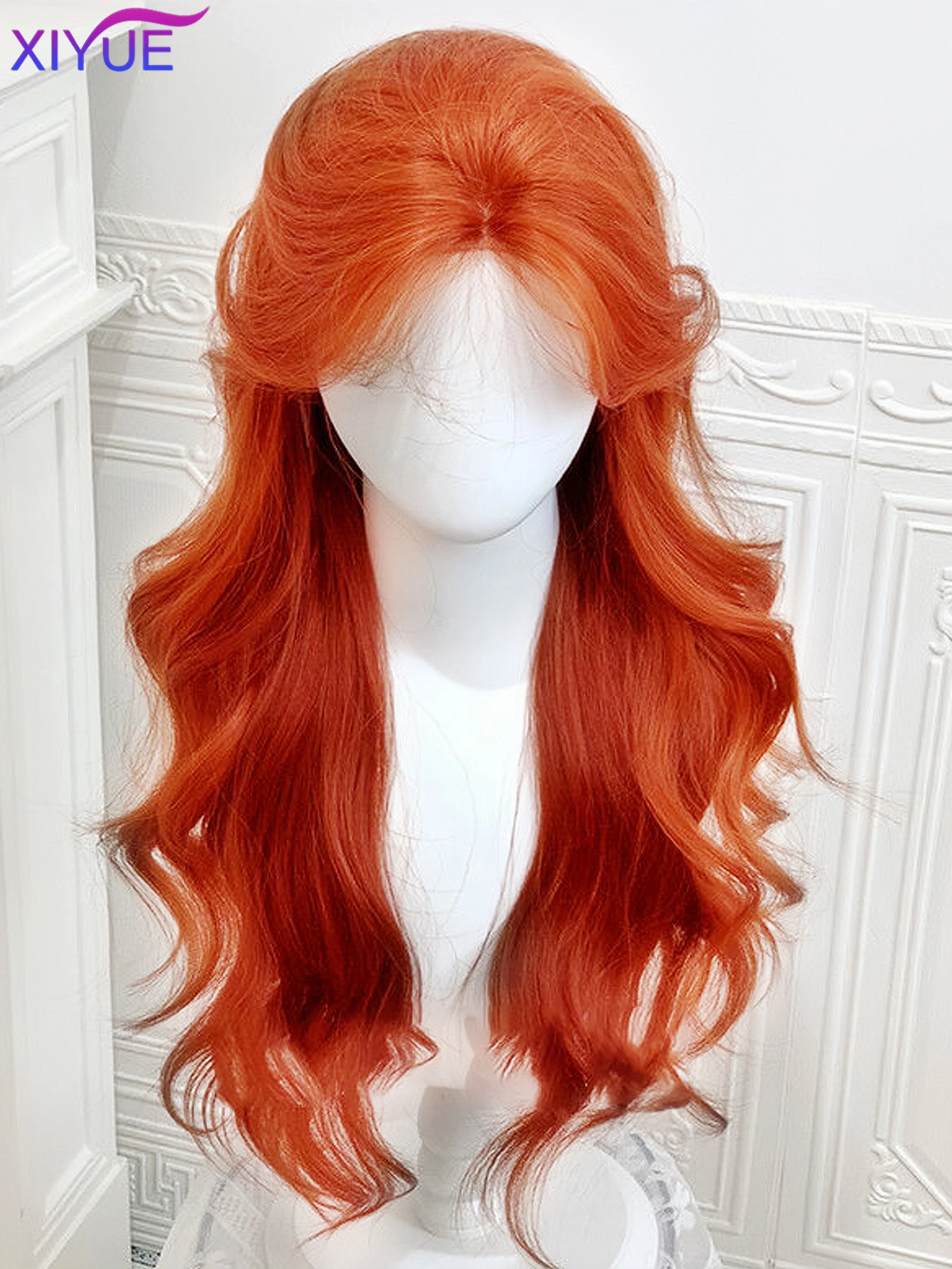 Pelucas delanteras de encaje sintético para mujer, pelo largo liso, rojo, marrón, cobre, jengibre, ondas naturales, con flequillo, Cosplay, resistente al calor