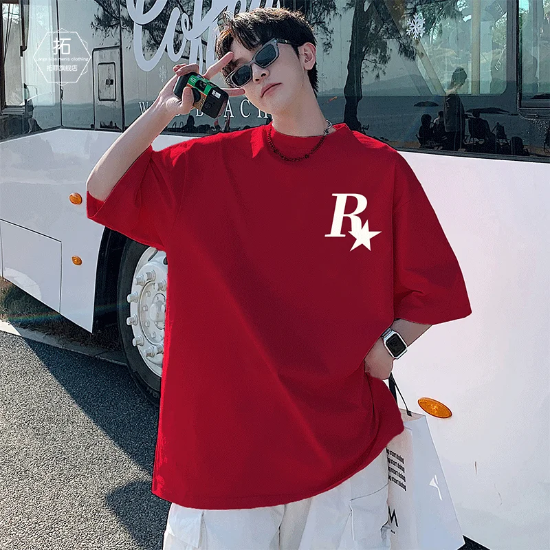 

Heavyweight ort Sve T-irt for Men Loose Fit Teenage Summer American Sle Trendy Brand Polyesther Fiber round Ne T-S...