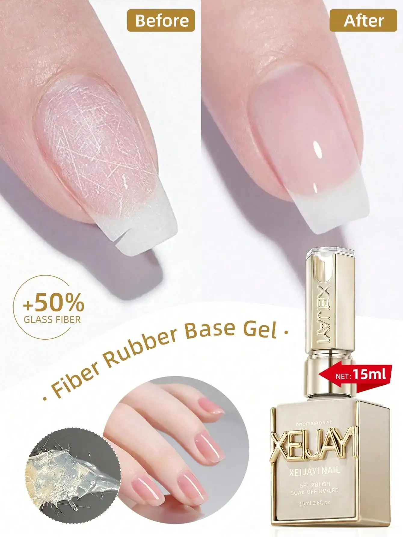 Esmalte de uñas en Gel con Base de goma y fibra de 15ml, esmalte de uñas puro para remojar sin limpiar, adecuado para manicura casera DIY
