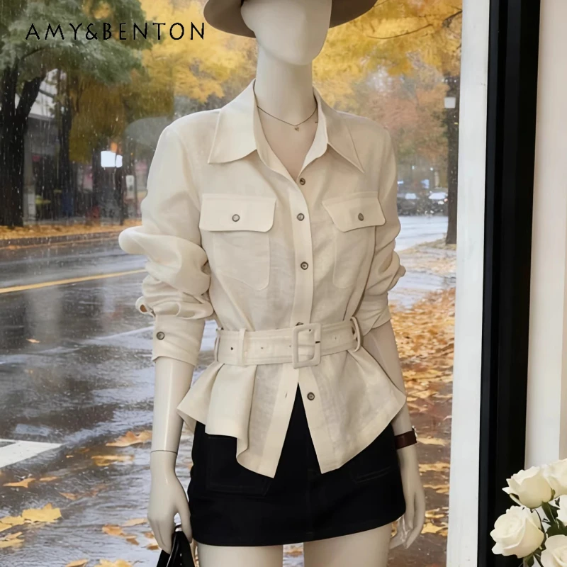 

Temperament Retro Polo Collar Women's Shirt Jacket 2026 New Long-sleeved Belt Design Gentle Age-reducing Fashion Shirts Ladies
