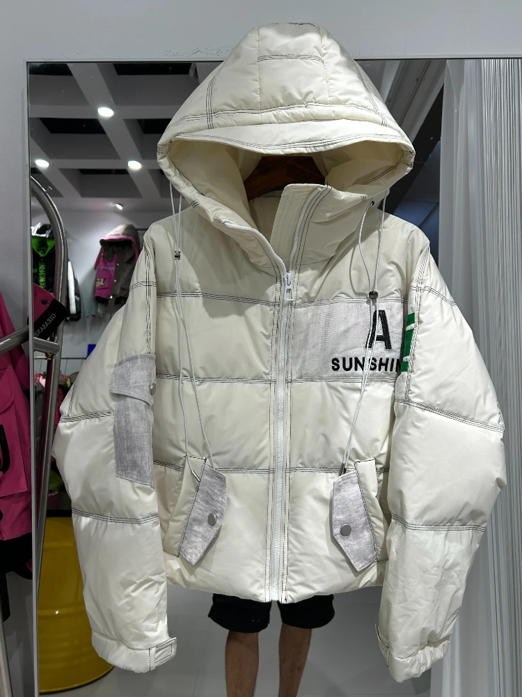 Kurze Daunenjacke für Damen, 2025, Winter, neue Denim-Nähte, modisch, verdickt, warm, weiße Ente, Puffer-Mantel, Kapuzen-Parkas, Oberbekleidung