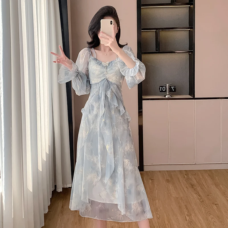 2025 vestido largo informal con volantes y flores moradas para mujer, moda coreana, elegante vestido de vacaciones, vestido de noche elegante de lujo para primavera y otoño