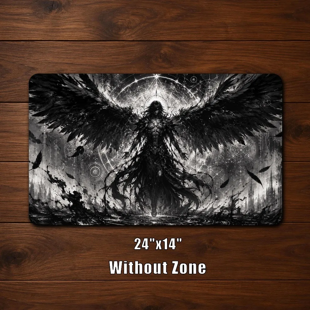 TCG Playmat,Fallen Angel TCG Playmat, Black and White Dark Fantasy Card Game Mat, Gothic Commander EDH Playmat, Celestial Raven