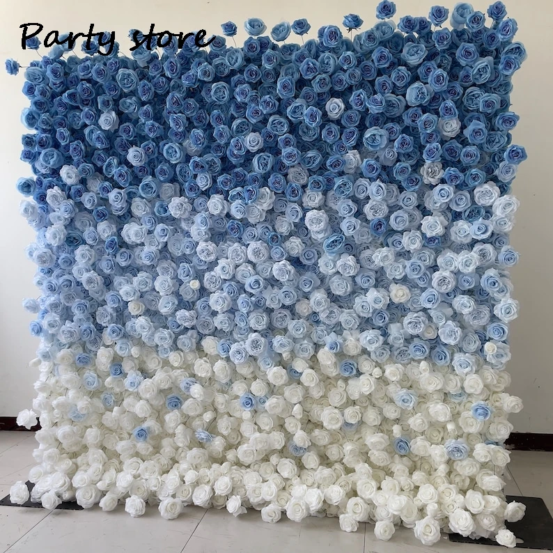 Blue Rose Artificial Flower Wall Wedding Party 5D Prop Backdrop Fabric Floral Green Plant Wall Window Display Event Flower Row