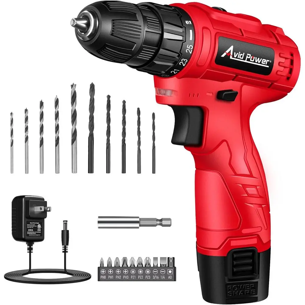 

12V CordlDrill, 3/8-Inch KeylChuck, High-Speed 1400 RPM & 25+1 Torque Control, Electric Power Drill Kit with 21pcs Bits, Battery
