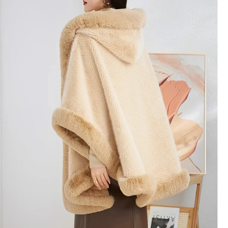 Herfst Winter Effen Plus Fluwelen Dikke Capuchon Gebreide Gebreide Poncho Mantel Wraps Vrouwen Nieuwe Graan Fluwelen Bontjas Warme Party Sjaal Jas